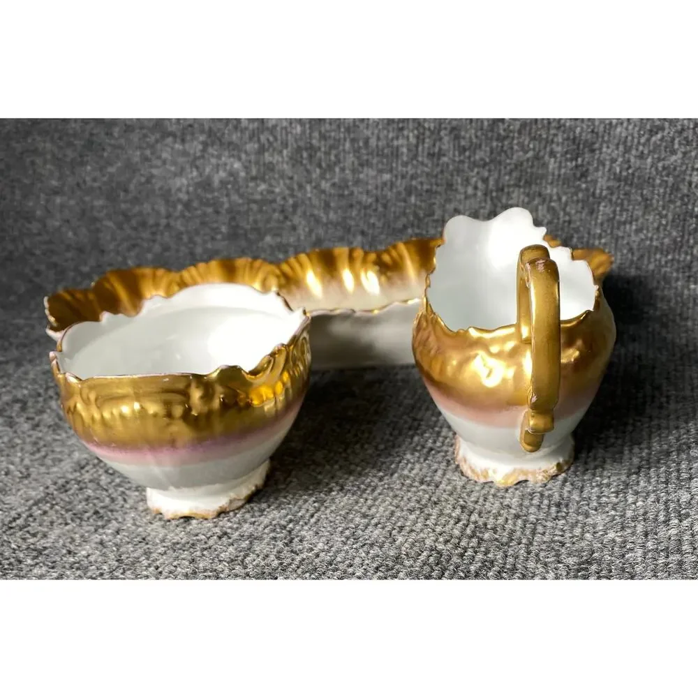 Haviland Limoges Porcelain Gold Gilded Creamer & Sugar Bowl w/Plate Set c1900